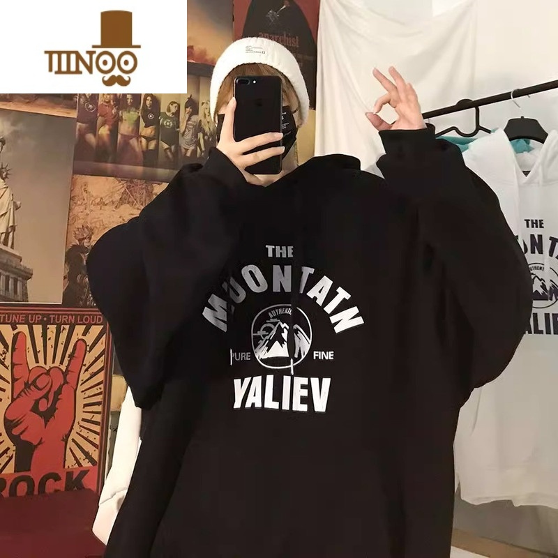 YANXU冬装新款韩版港味字母男女情侣连帽长袖卫衣宽松 黑色常规款不加绒 S建议75-90斤