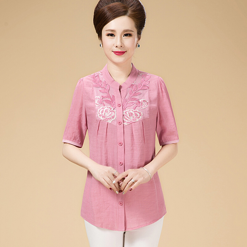 中老年女装夏装新款棉麻短袖t恤女宽松中年妈妈居家开衫短袖衬衫