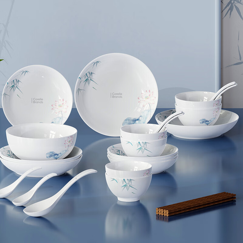 康宁(Corelle Brands)竹露荷风餐具18头釉下彩现代简约碗盘套装 CB-TC004-TG/KZ!高清大图