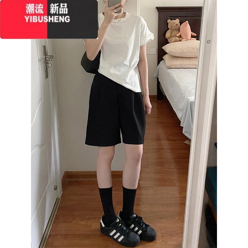 YIBUSHENG梨形身材黑色西装短裤女季胖妹妹mm高腰宽松显瘦阔腿五分休闲裤高清大图