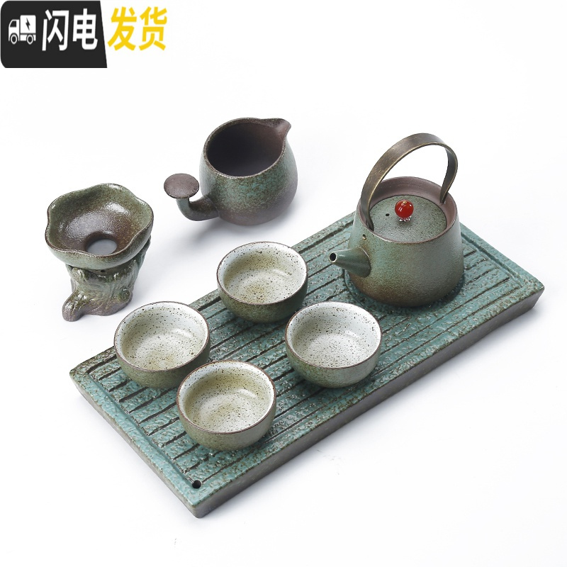 三维工匠日式干泡盘陶瓷功夫茶具套装家用简约办公粗陶提梁壶茶杯套装整套 西施壶10件套满园春色品茗杯