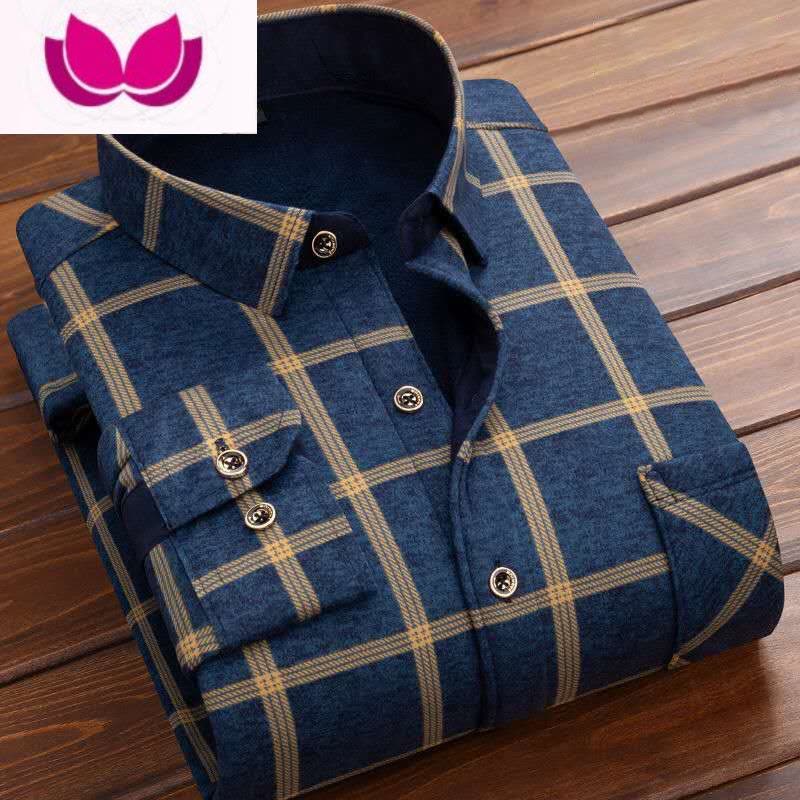 七斓男士保暖衬衫加绒加厚款长袖修身潮格子男装父亲老人花衬衣图片