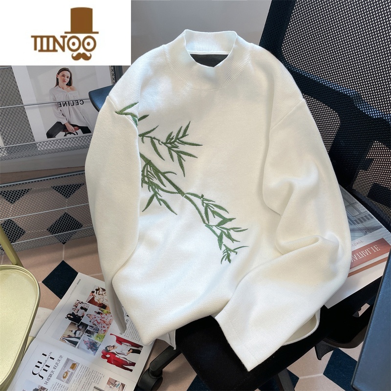 YANXU国风新中式独特别致刺绣软糯毛衣男女薄款小众慵懒针织衫上衣 均码 白色