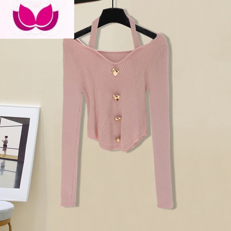 七斓纯欲甜辣风小个子套装女新款挂脖长袖针织衫毛呢百褶裙套高清大图