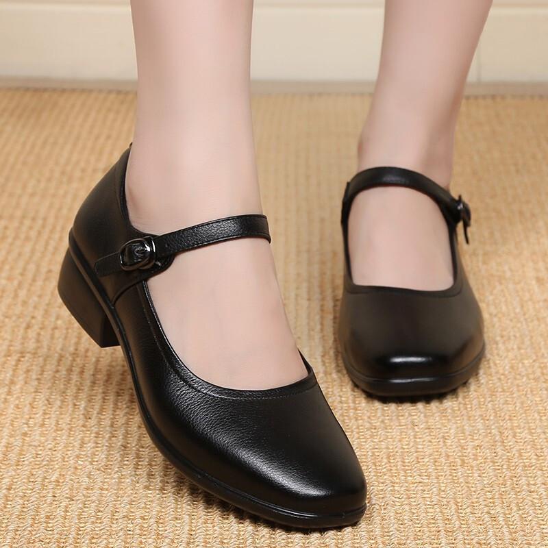 女士皮鞋浅口一字扣单鞋女中跟软皮中年女鞋真皮软底牛皮方头工作鞋女