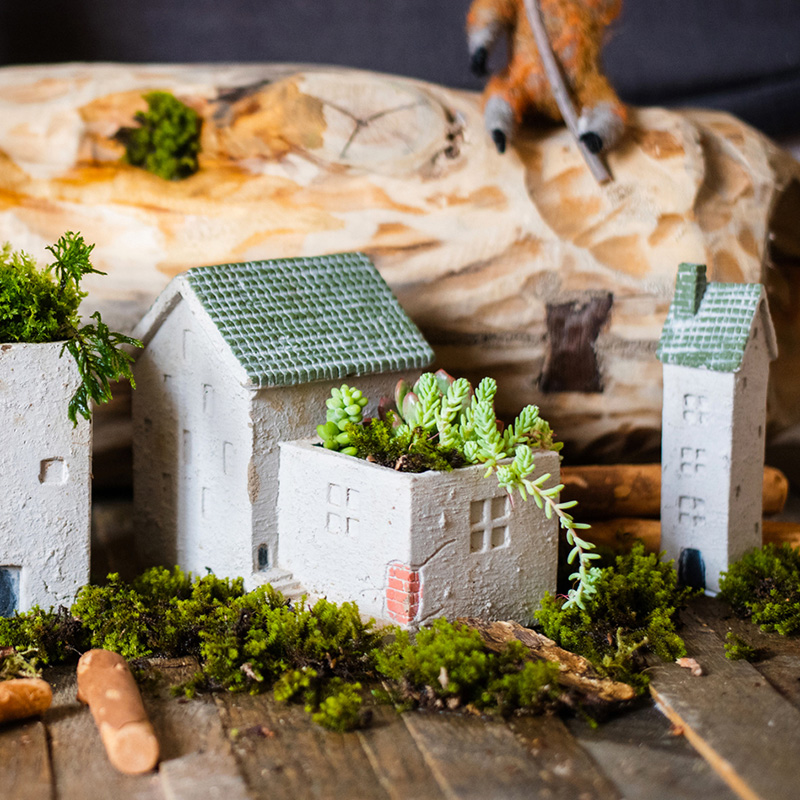 家柏饰(CORATED)圣岛小屋小房子水泥花器多肉花盆艺术摆件杂货花园阳台种植 绿顶小屋(小屋花器D)(不能打孔) 大高清大图