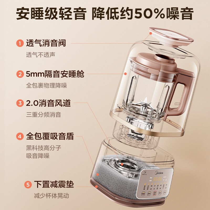 美的(Midea)安睡破壁机家用1.2L小容量多功能低音加热清洗豆浆机智能料理机MJ-PB80S2