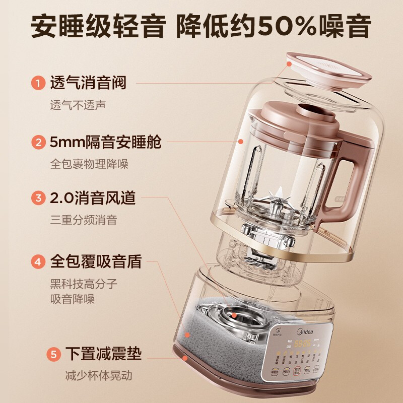 美的(Midea)安睡破壁机家用1.2L小容量多功能低音加热清洗豆浆机智能料理机MJ-PB80S2