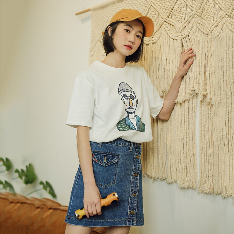 2018春新款女装韩版宽松印花圆领打底衫学生纯色上衣短袖T恤白色