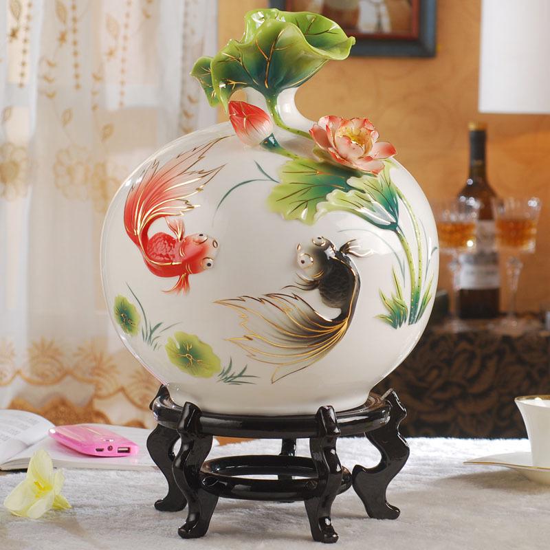 金玉满堂景德镇陶瓷花瓶摆件客厅插花装饰品家居摆设大瓷器珐琅彩 三维工匠 莲鲤花瓶不含底座高清大图