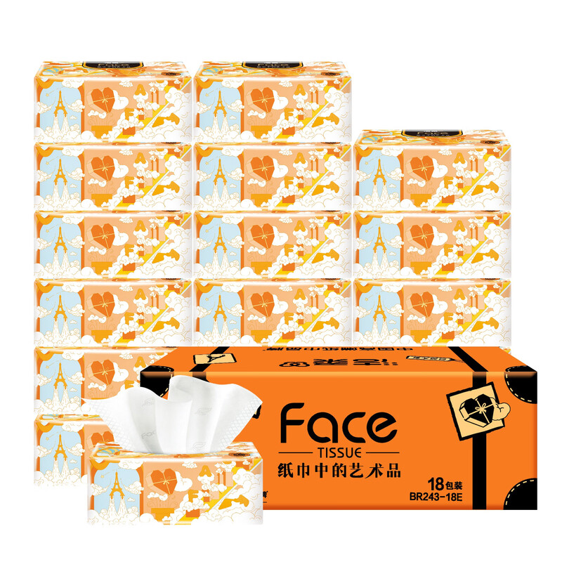 洁柔牌纸面巾 (艺术巴黎软抽)抽纸90抽4层(18包装) BR243-18E