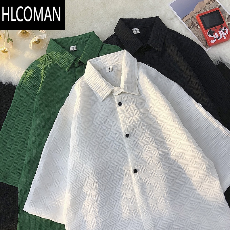 HLCOMAN短袖衬衫男款夏季美式设计感ins潮牌痞帅衬衣高级感宽松半袖外套