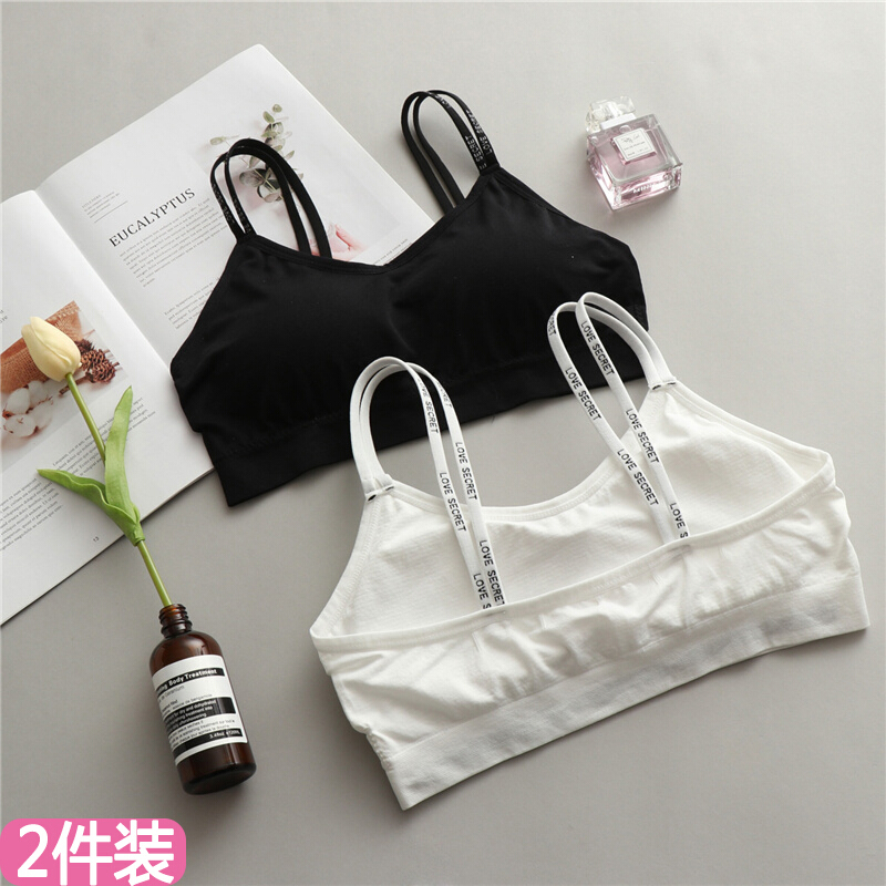 无钢圈字母美背带背心运动内衣女学生高中少女文胸抹胸裹胸黑色+黑色均码