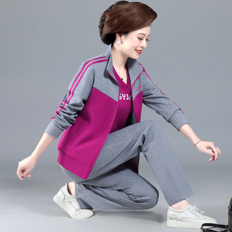 运动套装女春秋季休闲卫衣妈妈装中年女士运动服套装三件套官方旗舰店