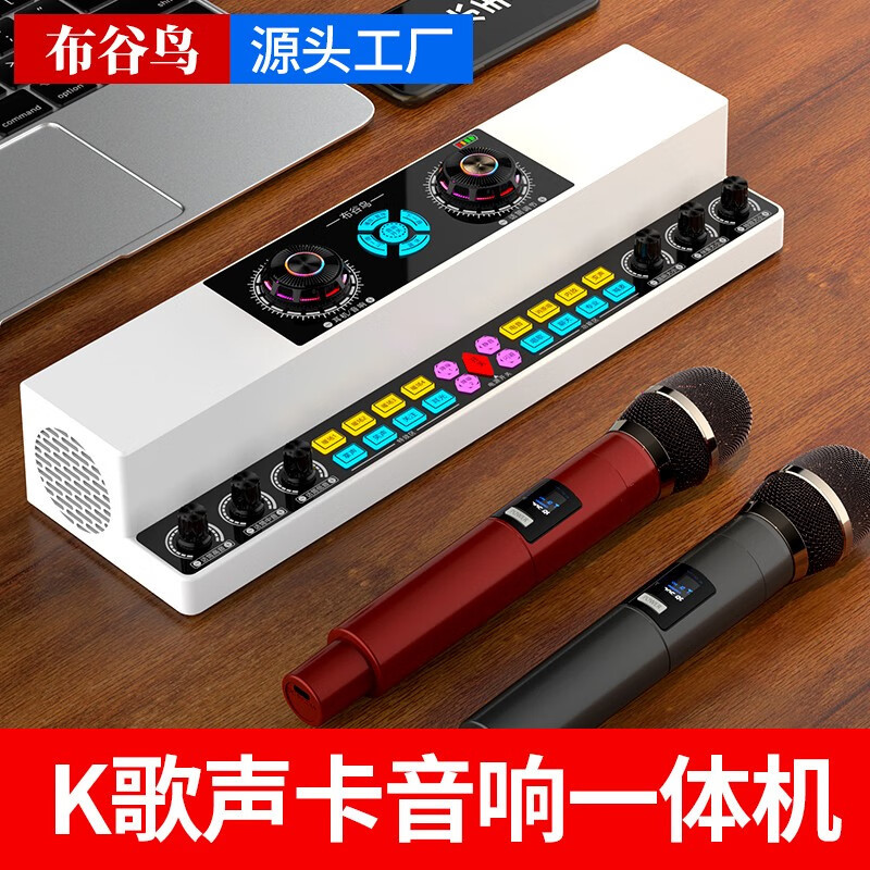 布谷鸟 Y6声卡音响一体机套装蓝牙唱歌无线麦克风全套 顶配三 无线麦X2+振膜麦+领夹麦+灯+耳机+线