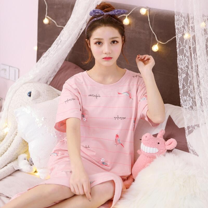 睡衣女夏季纯棉短袖可爱韩版少女睡裙清新中长款学生家居服可外穿06_192小鸟粉