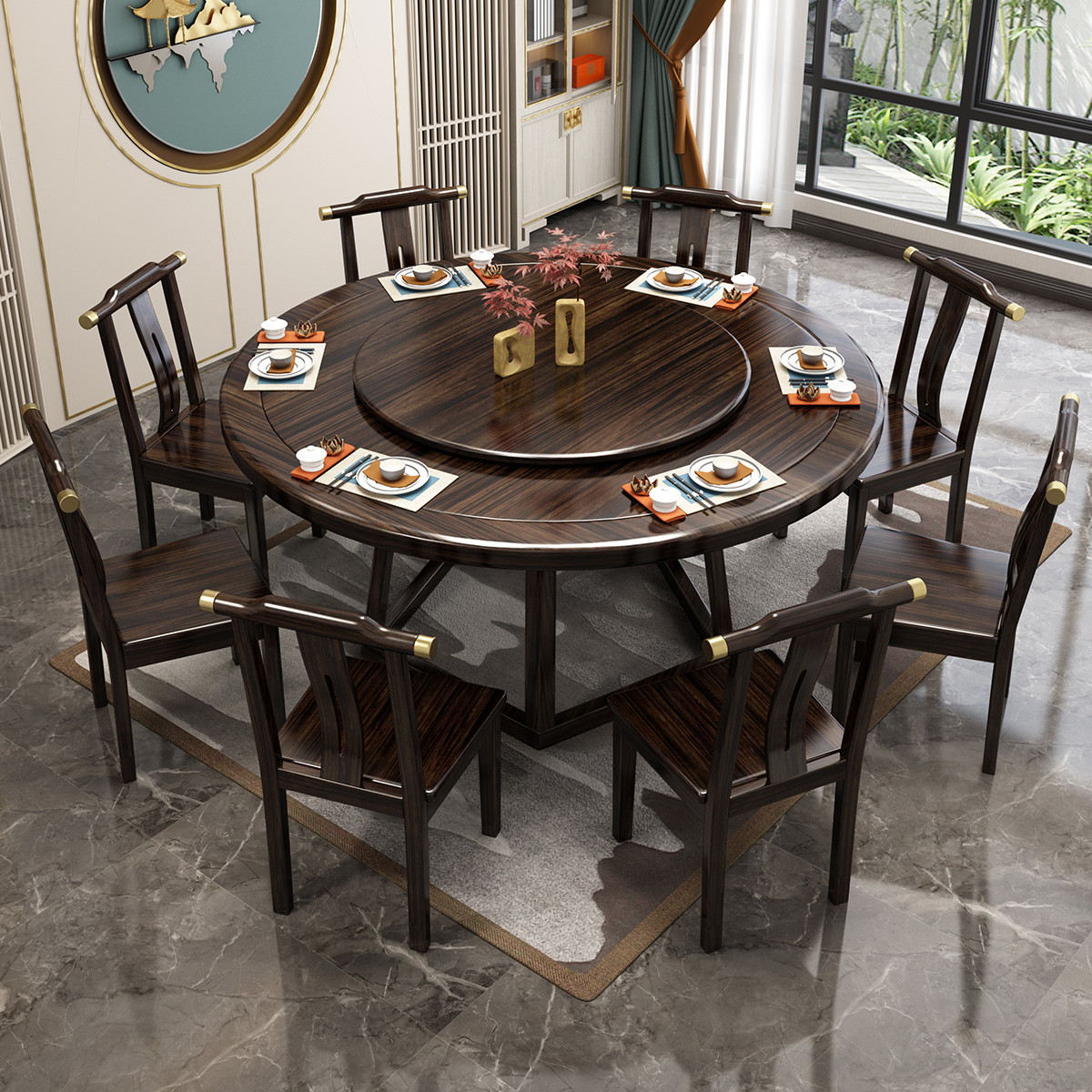 乌金木新中式实木餐桌椅组合一桌六椅家用圆形饭桌轻奢别墅大户型月影