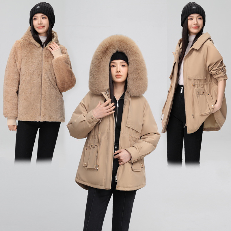 加绒加厚派克服女冬季2024新款大毛领可拆卸连帽洋气宽松棉服外套 卡其 M