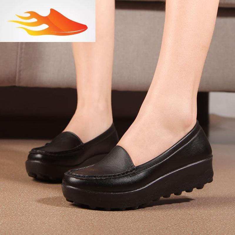 fishbasket妈妈鞋新款中老年人软皮鞋松糕厚底休闲中年平底女鞋春秋