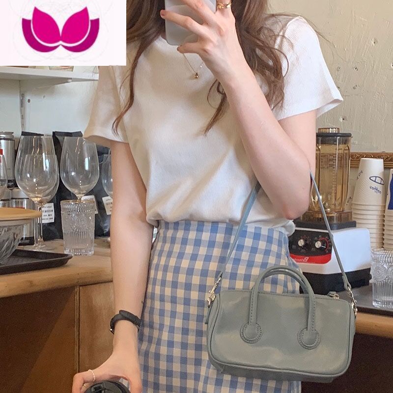 七斓螺纹针织正肩短袖t恤女夏季2023纯色内搭别致显瘦上衣白色打底衫高清大图