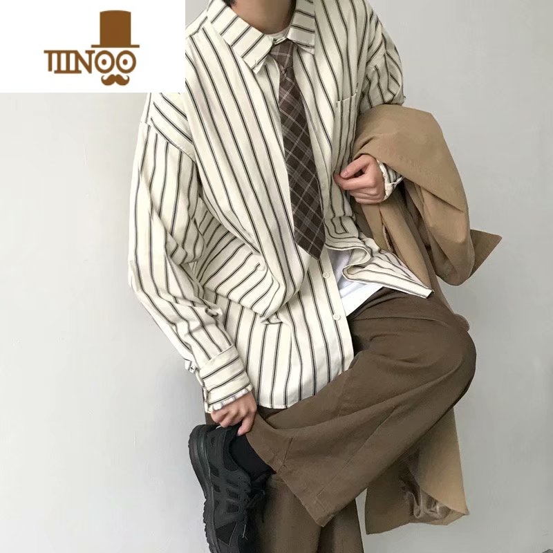 YANXU中性风条纹衬衫男长袖叠穿日系复古上衣设计感小众内搭外穿高清大图
