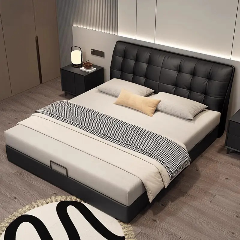 意式真皮床主卧室现代简约双人床小户型家用储物床黑色软包大婚床高清大图