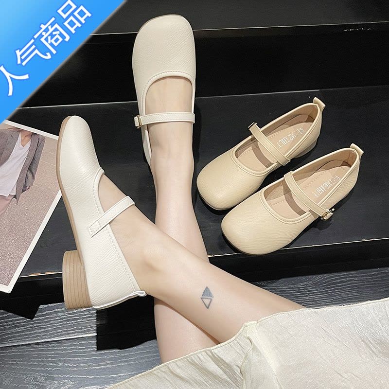 SUNTEK软底小白鞋女温柔风奶奶鞋春秋新款小皮鞋粗跟浅口玛丽珍单鞋图片