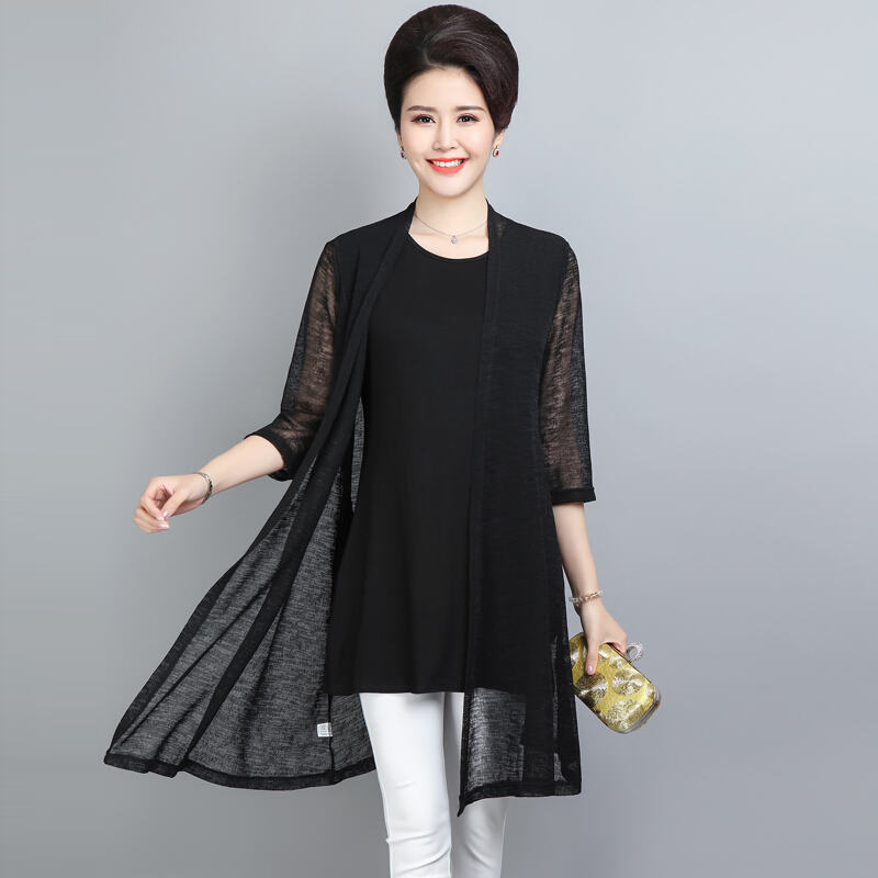 妈妈夏季薄款外搭开衫中长款长袖中年女披肩40岁50中老年防晒外套