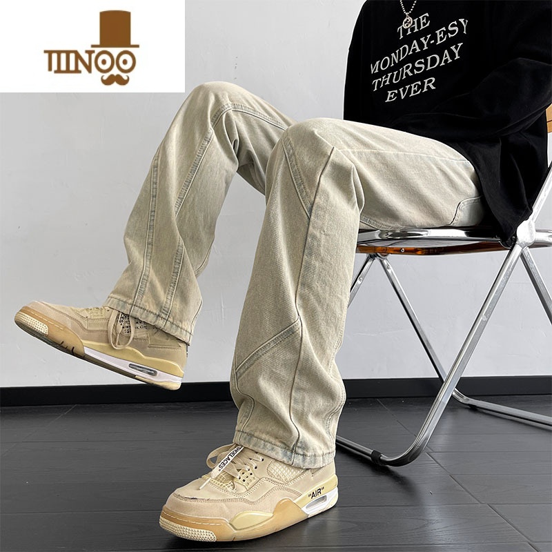 YANXU水洗直筒牛仔裤男痞帅日系复古做旧高街国潮怀旧美式宽松裤子高清大图