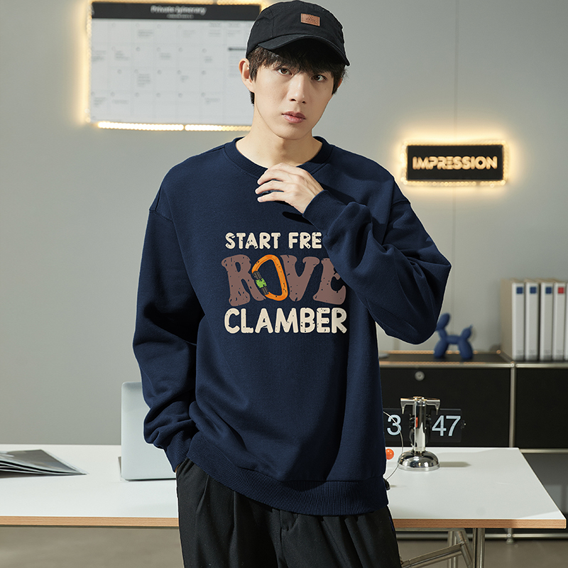 唐狮新款圆领卫衣男春秋季印花黑色无帽卫衣男士套头上衣潮牌