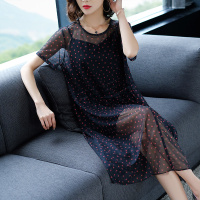 雪纺短袖连衣裙女夏新品女神范时尚减龄带两件套长裙透视网纱裙