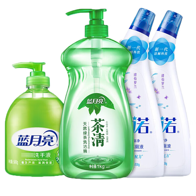 蓝月亮 茶清天然绿茶洗洁精1kg+卫诺沁香花园香氛洁厕液500g*2+抑菌洗手液500g 1套