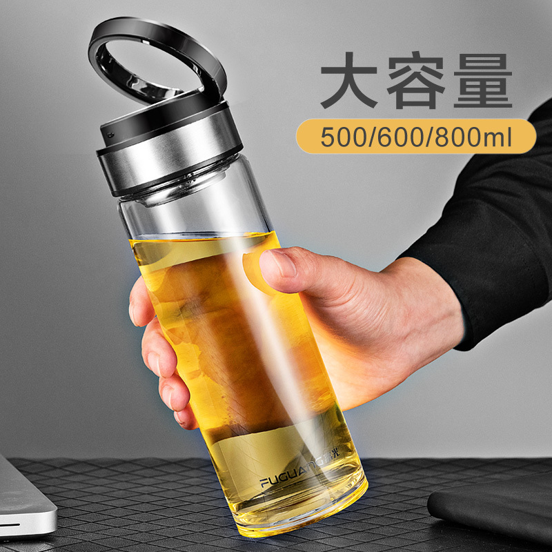 富光(FGA)大容量玻璃杯便携单层泡茶杯男透明双层加厚水杯子 双层灰色400ml(送杯套杯刷)
