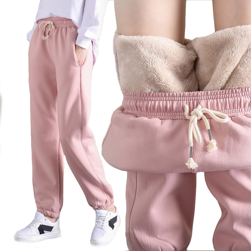 冬季加绒加厚羊羔绒裤子女学生韩版百搭哈伦裤运动卫裤