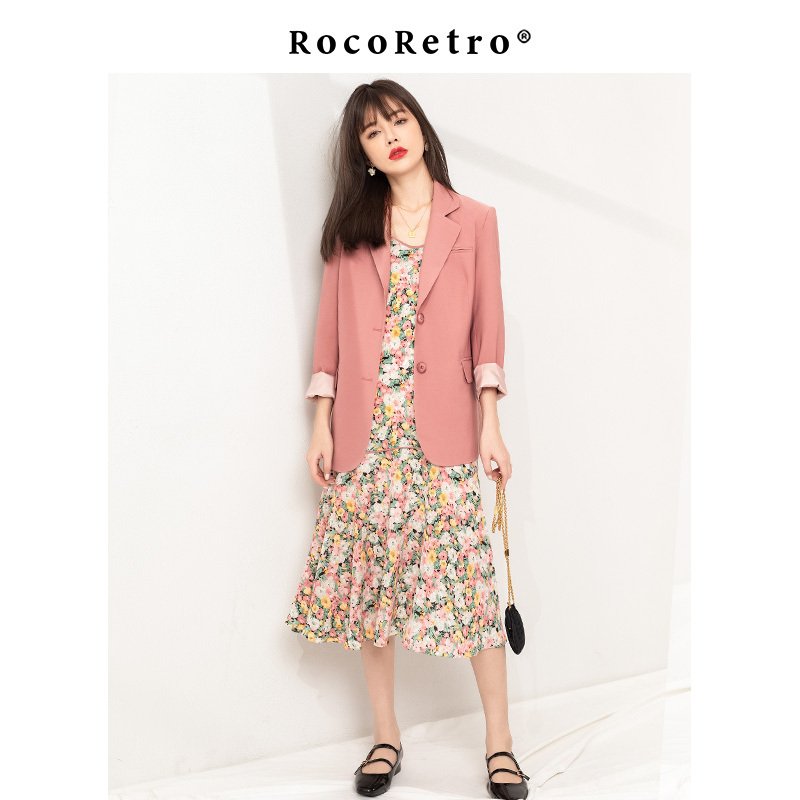 艳如飞ROCO法式复古油画风粉色碎花吊带裙赫本风夏季雪纺中长款连衣裙子连衣裙
