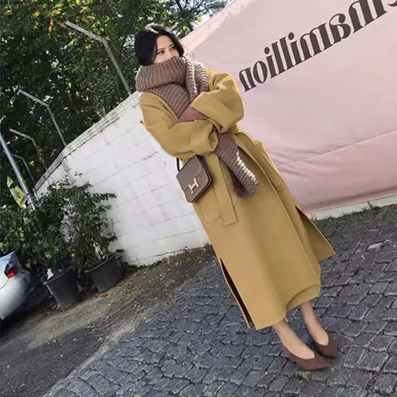 黑色毛呢外套女2023秋冬季长款过膝系带廓形双面羊绒手工呢子大衣