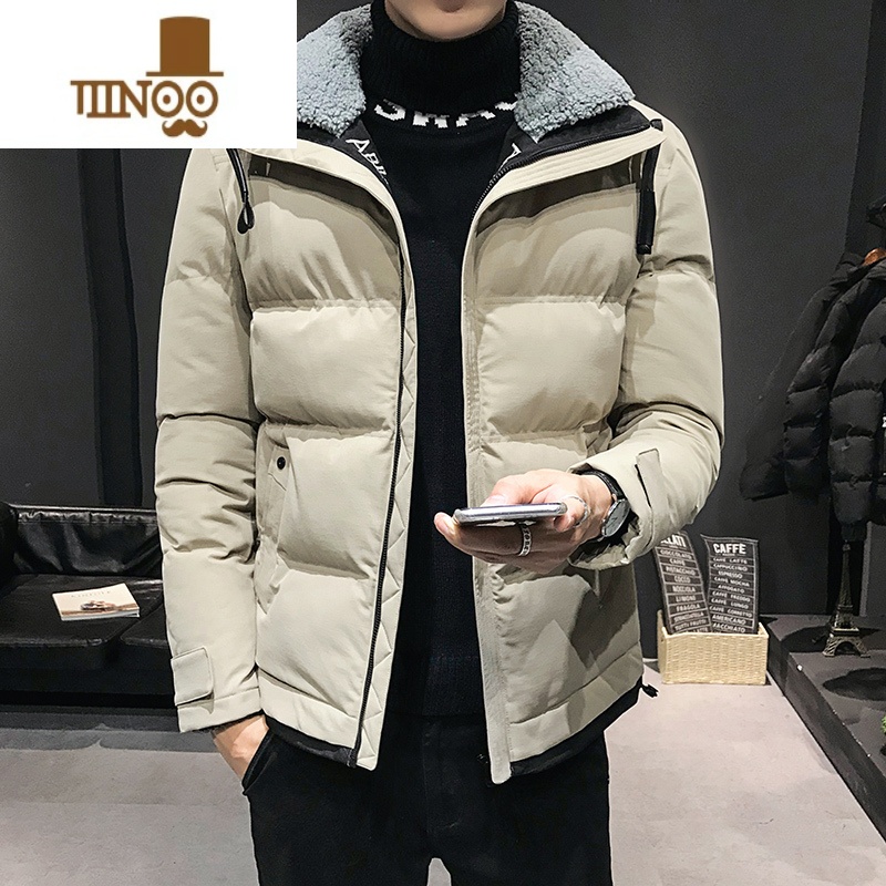 YANXU新款男士立领防风保暖棉衣加绒加厚外套毛领厚款时尚男棉服高清大图
