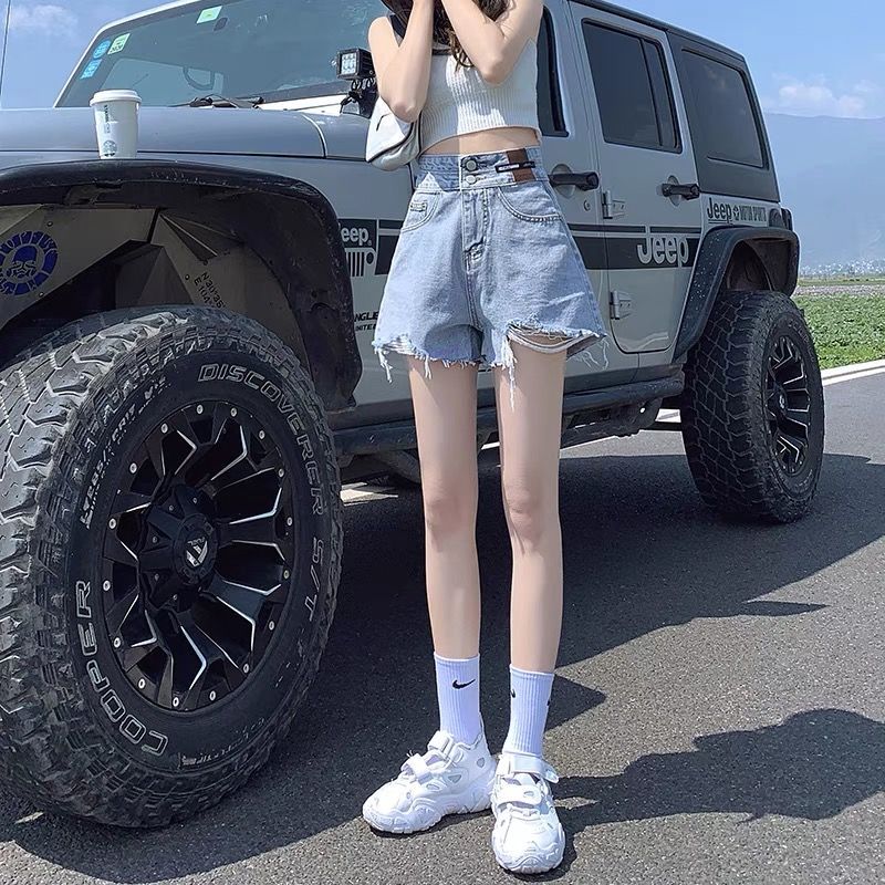 高腰牛仔短裤女2021夏季新款宽松韩版显瘦百搭a字破洞阔腿ins热裤 双扣黑色 XS 建议70-80斤