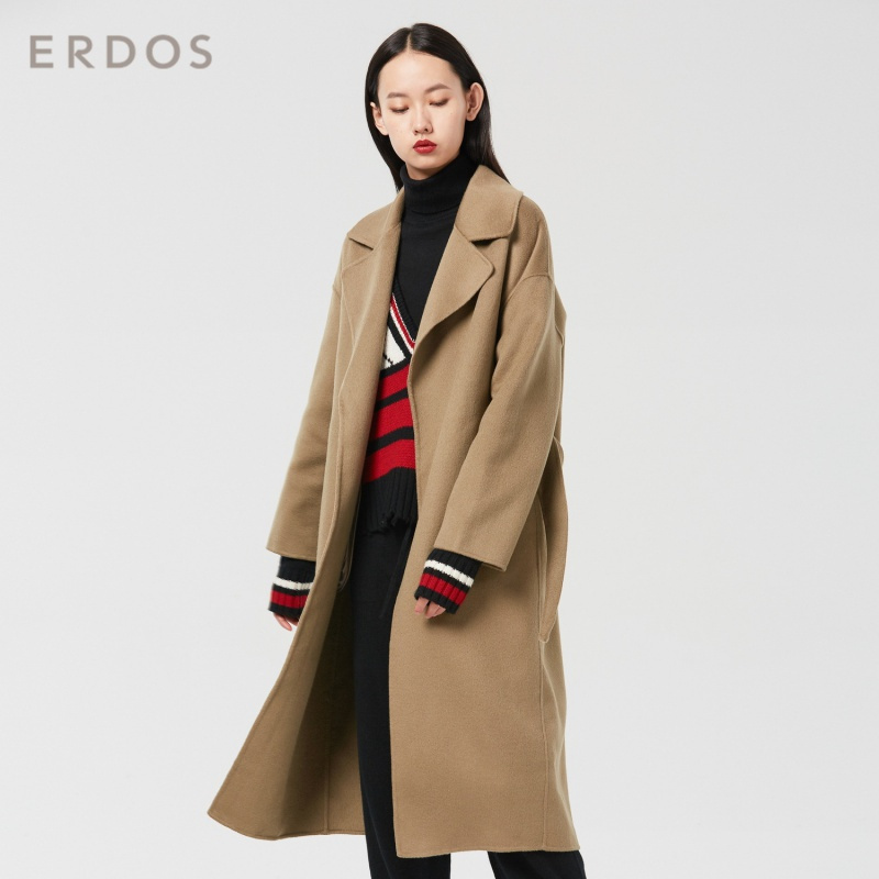 ERDOS 翻领系带女长款毛绒手缝双面呢大衣羊绒外套