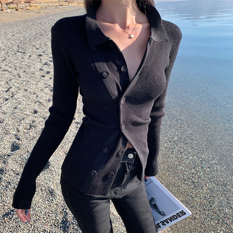 语娄黑色双排扣针织上衣女设计感小众气质修身收腰内搭毛衣打底衫