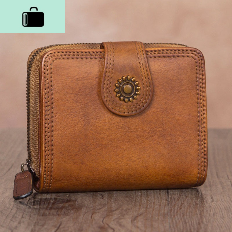 复古头层牛皮女士手工钱夹女皮夹皮短款钱包女拉链日韩2020新款NEW LAKE 棕色