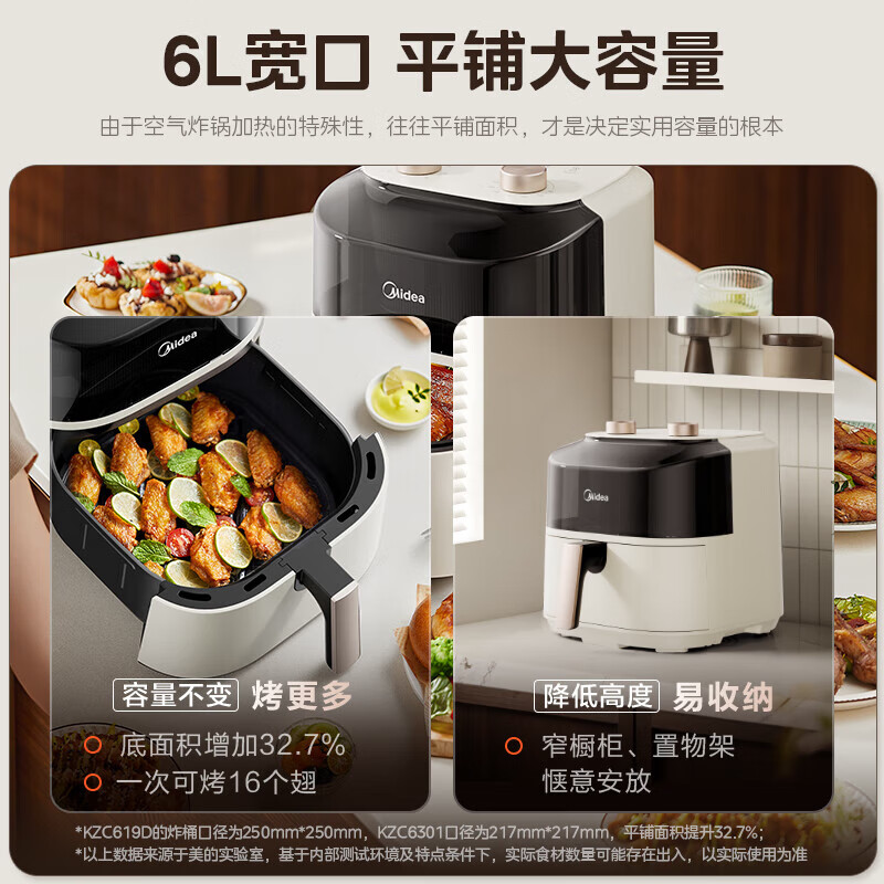 美的(Midea)空气炸锅家用AI智能烹饪免翻面全自动微蒸汽嫩烤大容量[上下可视窗口] MF-KZE6019高清大图