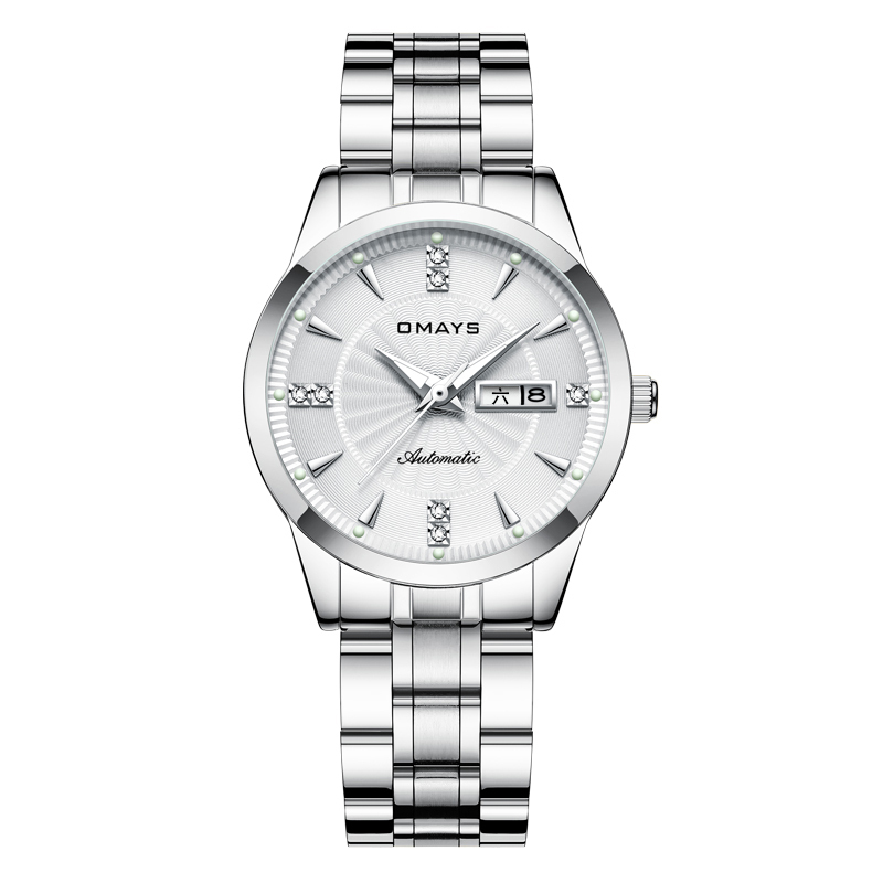 欧美时omays手表女士时尚双日历全自动机械表潮流精钢带防水夜光女表