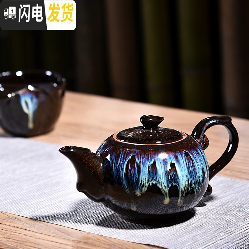 三维工匠陶瓷均窑沙金窑变家用茶具套装天目茶壶功夫茶杯配件整套泡茶器C 10头天目均窑盖碗沉香杯套组高清大图