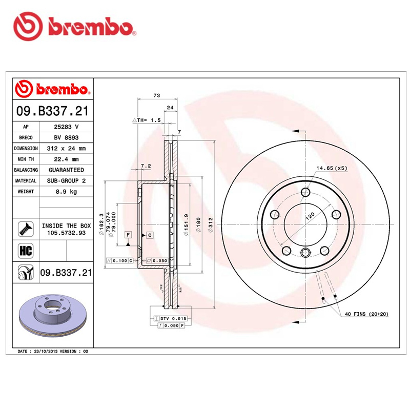 布雷博(brembo)前盘09.B354.11适配09-16款科雷傲 2.0/2.5L(对装)