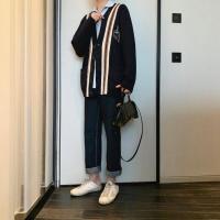 梵克公牛新款设计感拼边牛仔裤男宽松韩版潮流百搭休闲裤子 藏蓝色