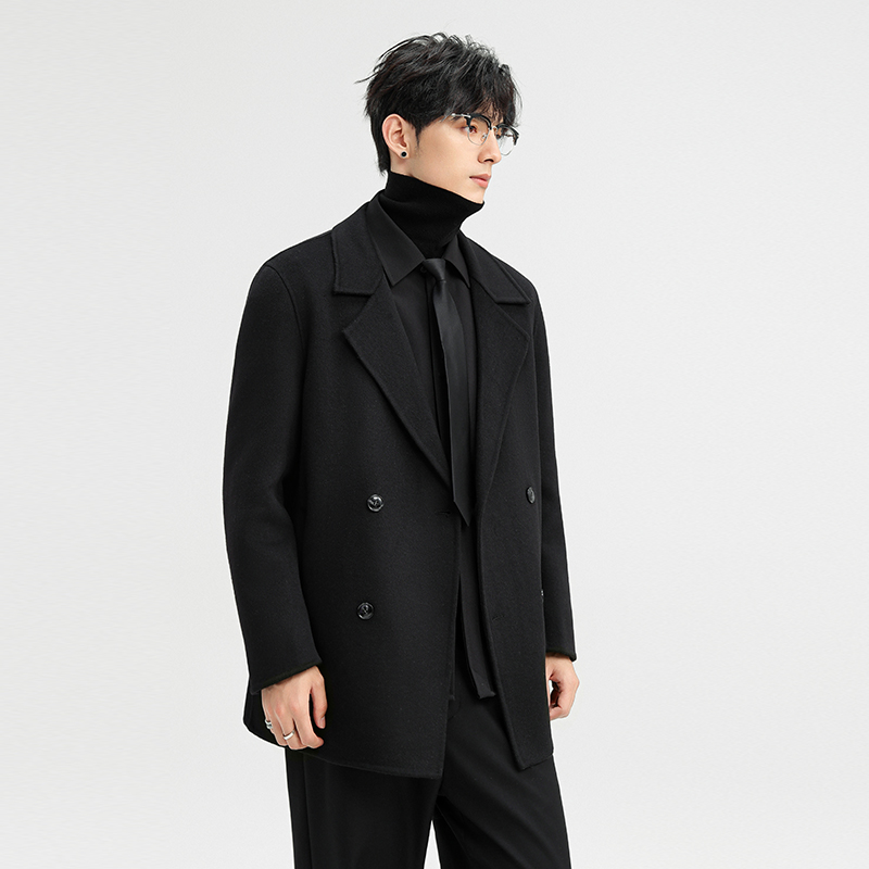 啄木鸟双面羊毛外套男冬季新款西装加厚短款风衣毛呢大衣呢子西装高清大图