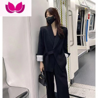 七斓大码女装西装套装2023新款胖mm时尚西服外套休闲阔腿裤套 4XL建议160--180斤 黑色