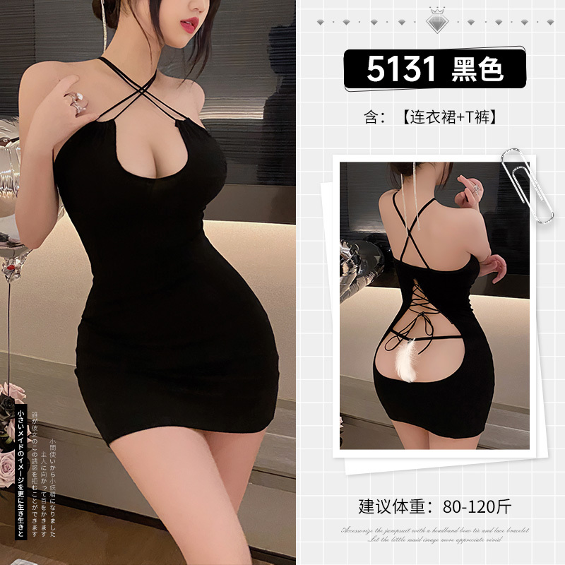 霏慕性感夜店弹力包臀裙情趣内衣制服衣服女交叉系带露背连衣裙女式情趣睡衣睡裙5131 5131黑色【连衣裙-T裤】 均码