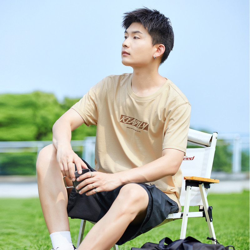 [2.5折价50元]唐狮夏款男士T恤短袖T恤男T恤男前胸图案印花圆领短袖T恤